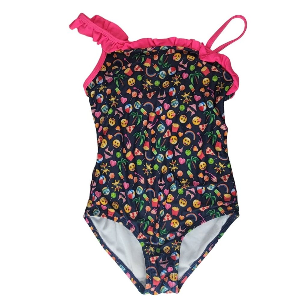 Girls One Shoulder Bathing Suit Swimsuit Black Size 6 6X Ruffle One Piece Emoji